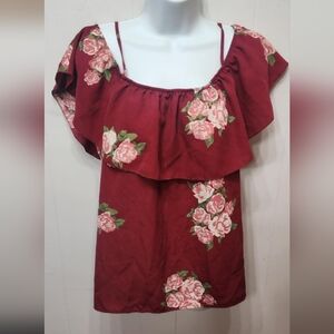 No Boundaries Blouse XL Floral Burgundy Cold Shoulder  Ruffle C264Z‎